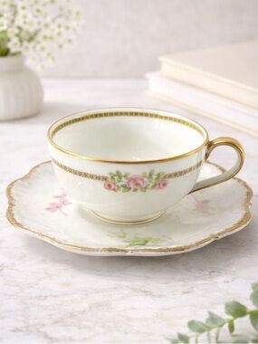 Antique Limoges France Teacup Saucer Theodore Haviland Lanternier Pink Roses